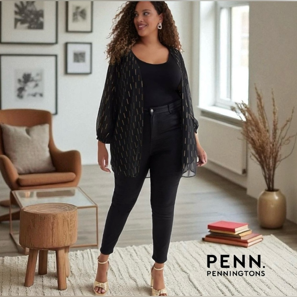 NEW, Penningtons, Black & Gold Sheer Open Kimono, Plus Size X / 1X